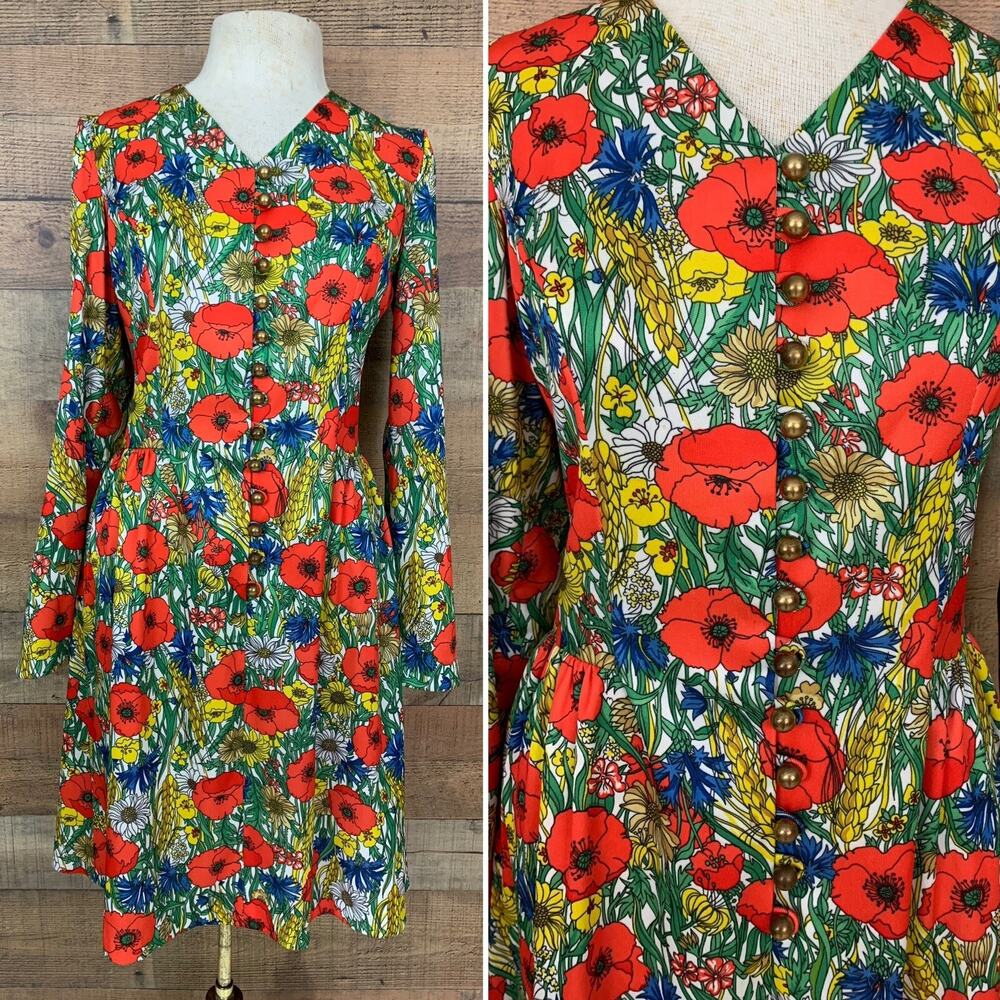 Vintage 1960’s Mod Floral Poppy Button Front Dress Size Small Hippie